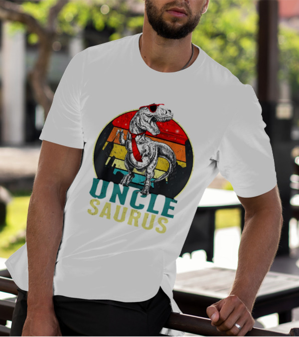 Uncle Saurus Rex Dinosaur With Sunglasses And Red Tie Fathers Day T-Shirt