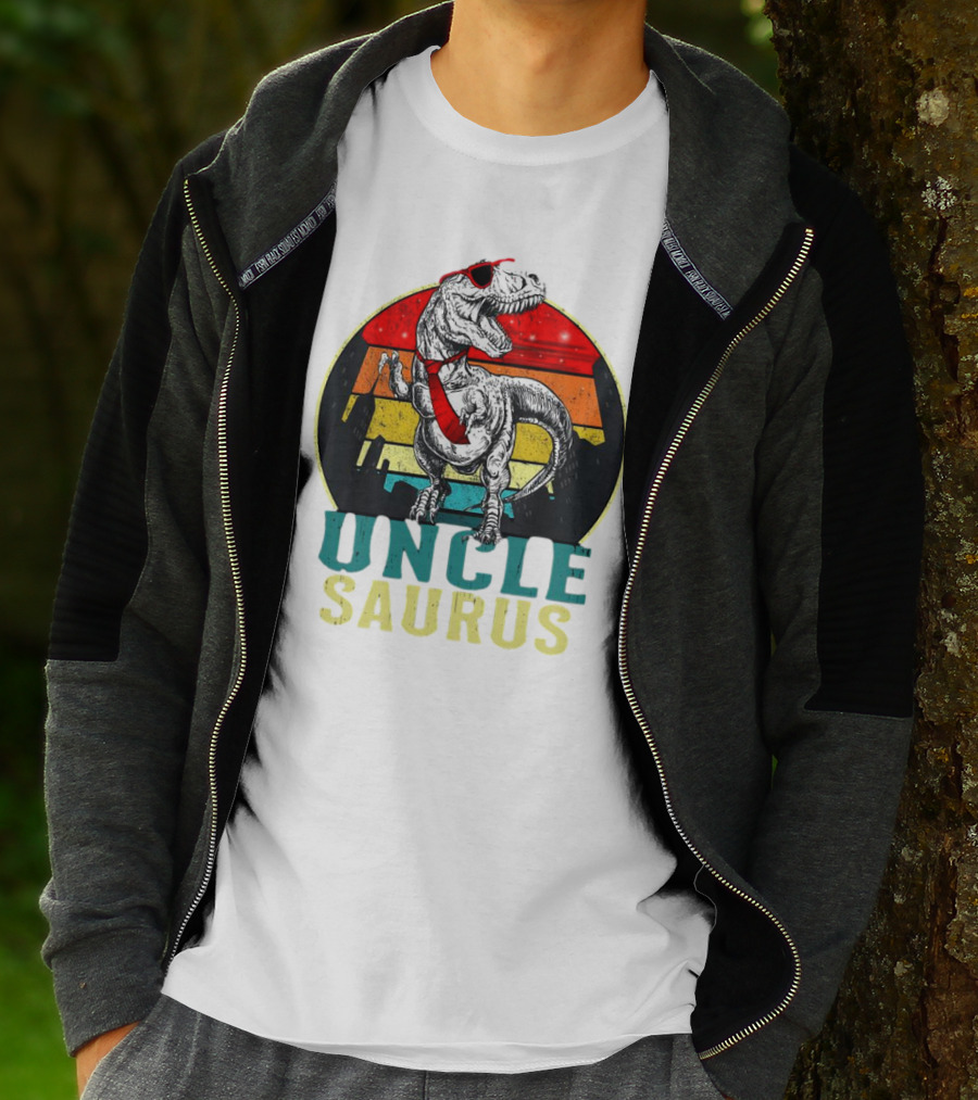 Uncle Saurus Rex Dinosaur With Sunglasses And Red Tie Fathers Day T-Shirt