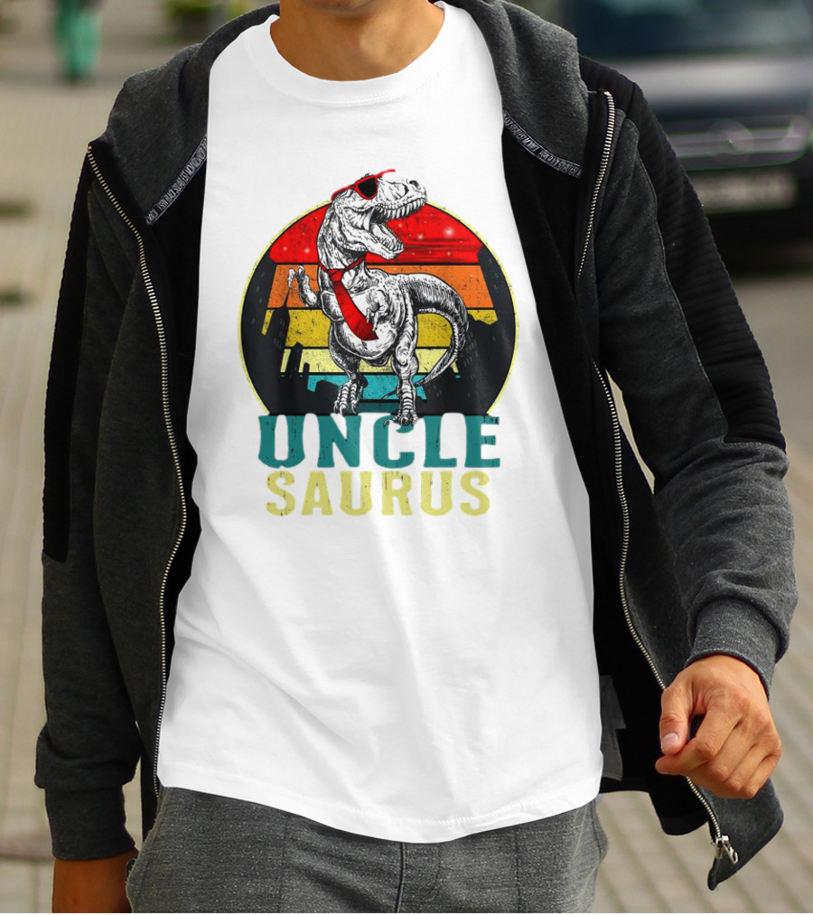 Uncle Saurus Rex Dinosaur With Sunglasses And Red Tie Fathers Day T-Shirt