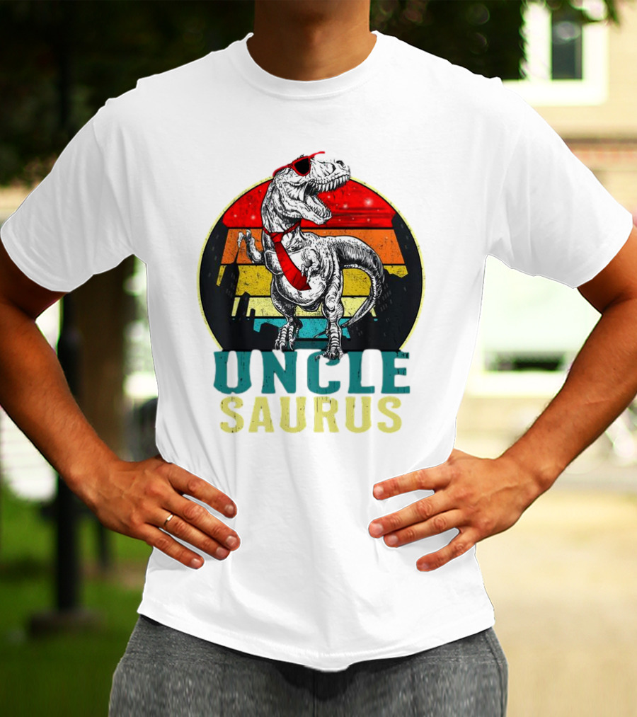 Uncle Saurus Rex Dinosaur With Sunglasses And Red Tie Fathers Day T-Shirt