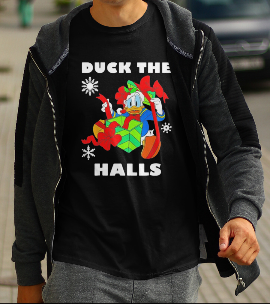 Duck The Halls Christmas With Present And Snowflakes T-Shirt