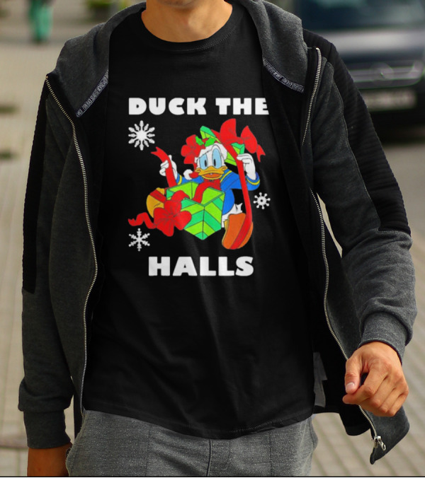 Duck The Halls Christmas With Present And Snowflakes T-Shirt