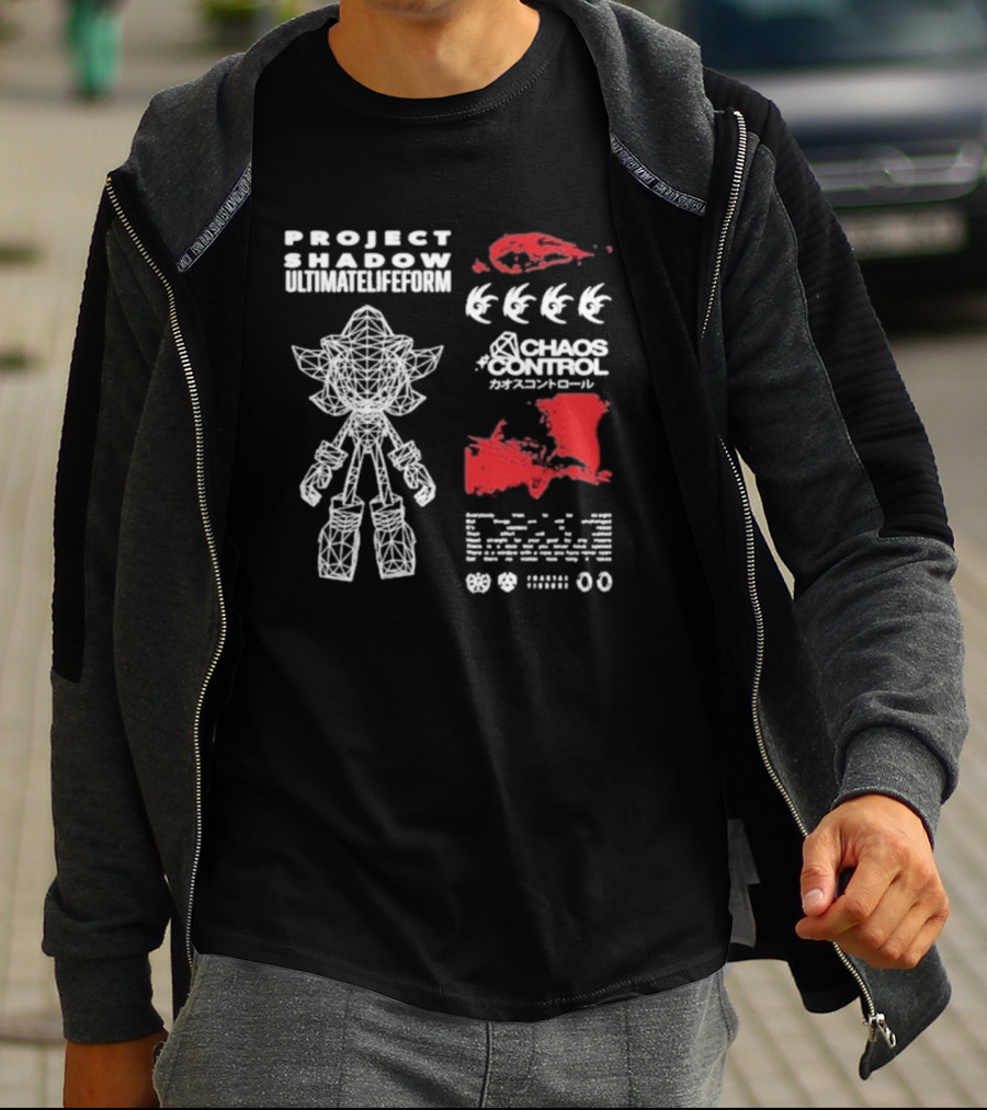 Project Shadow Ultimate Lifeform Chaos Control Japanese Text Wireframe Character Red Elements T-Shirt