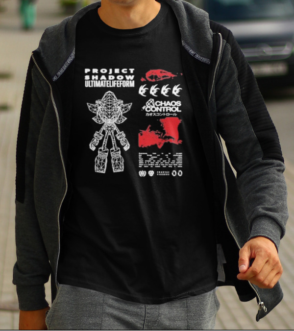 Project Shadow Ultimate Lifeform Chaos Control Japanese Text Wireframe Character Red Elements T-Shirt