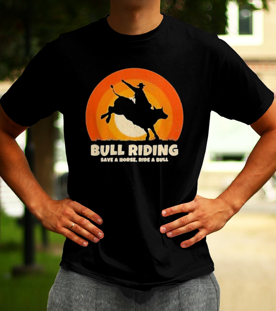 Bull Riding Save A Horse Ride A Bull Sunset Silhouette Cowboy Vintage T-Shirt