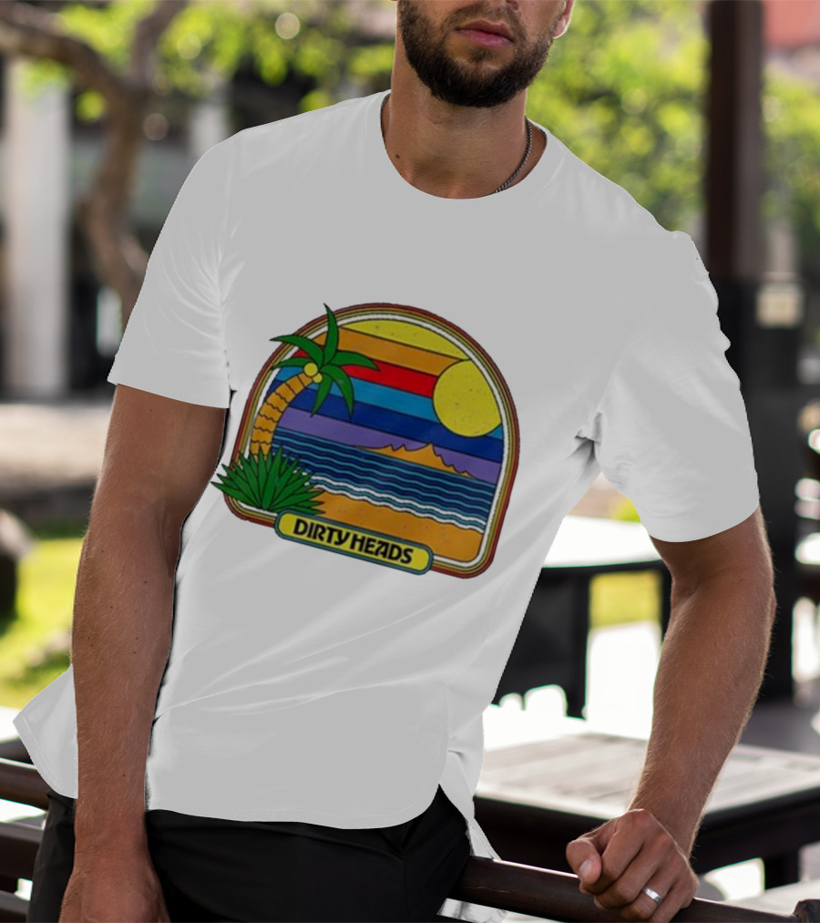 Dirty Heads Retro Beach Sunset Palms Ocean Scene T-Shirt