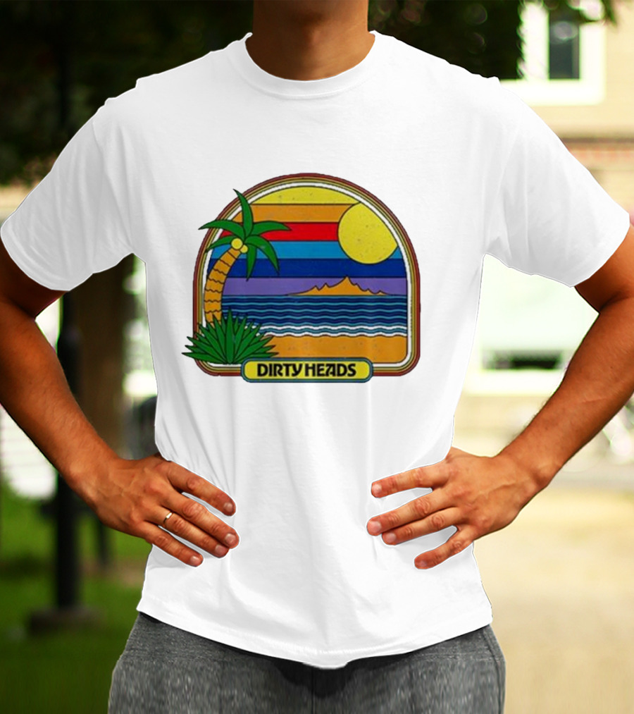 Dirty Heads Retro Beach Sunset Palms Ocean Scene T-Shirt