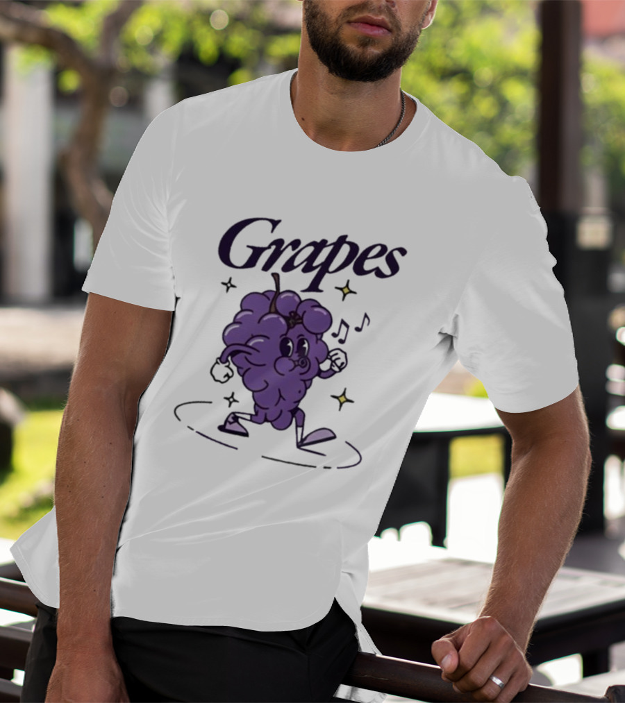 James Marriott Grapes Dancing Purple Cartoon With Musical Notes And Stars T-Shirt