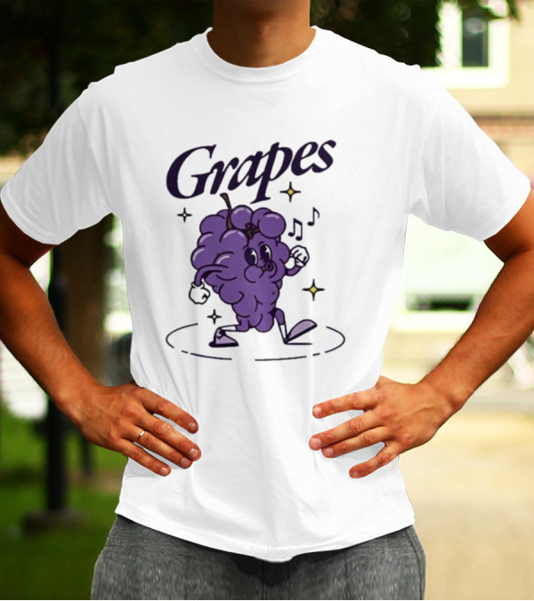 James Marriott Grapes Dancing Purple Cartoon With Musical Notes And Stars T-Shirt