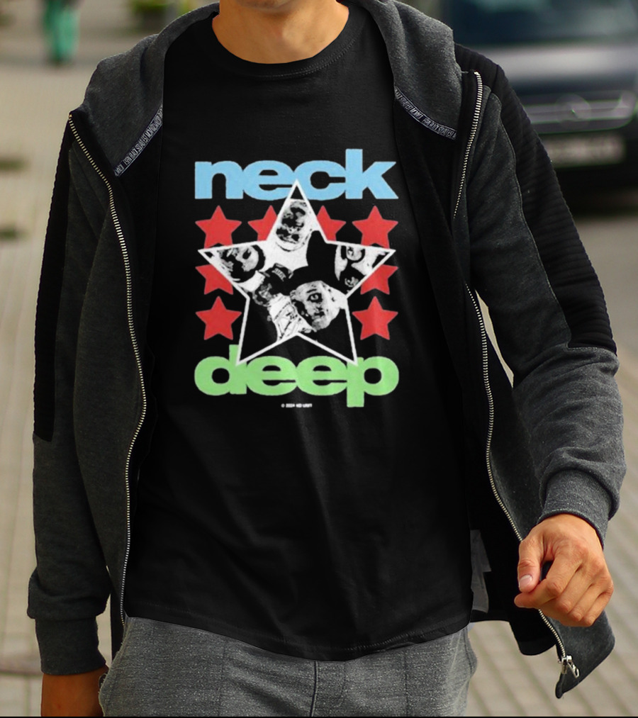 Neck Deep Blue And Green Star With Red Stars And Faces T-Shirt