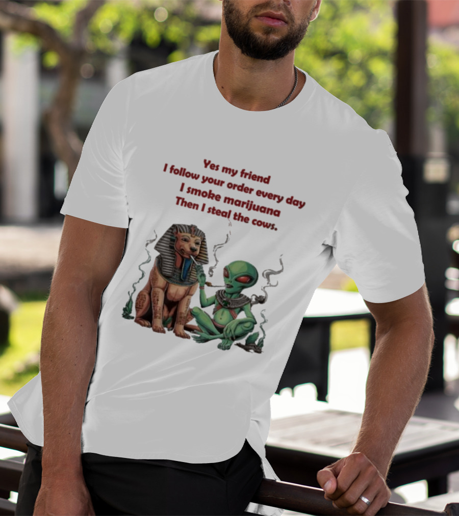 Yes My Friend I Follow Your Order Every Day I Smoke Marijuana Then I Steal The Cows Alien With Sphinx Smoking T-Shirt