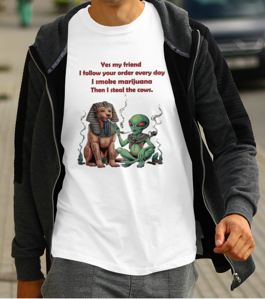 Yes My Friend I Follow Your Order Every Day I Smoke Marijuana Then I Steal The Cows Alien With Sphinx Smoking T-Shirt