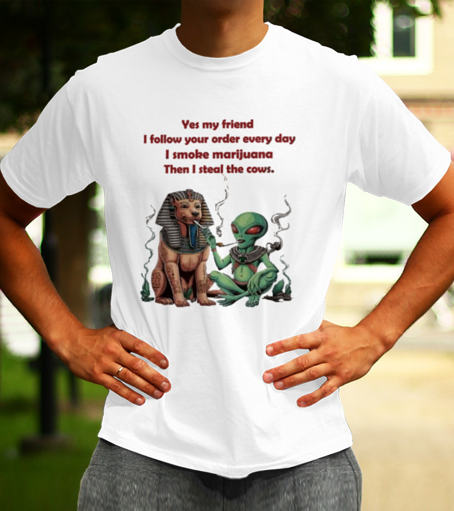Yes My Friend I Follow Your Order Every Day I Smoke Marijuana Then I Steal The Cows Alien With Sphinx Smoking T-Shirt