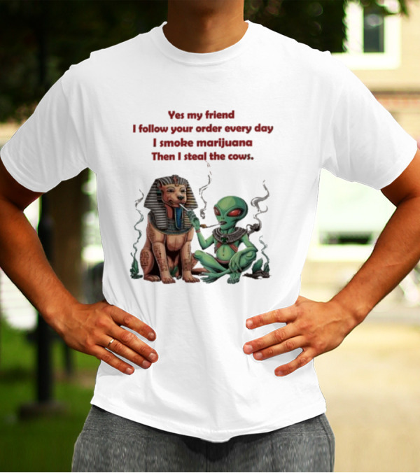 Yes My Friend I Follow Your Order Every Day I Smoke Marijuana Then I Steal The Cows Alien With Sphinx Smoking T-Shirt