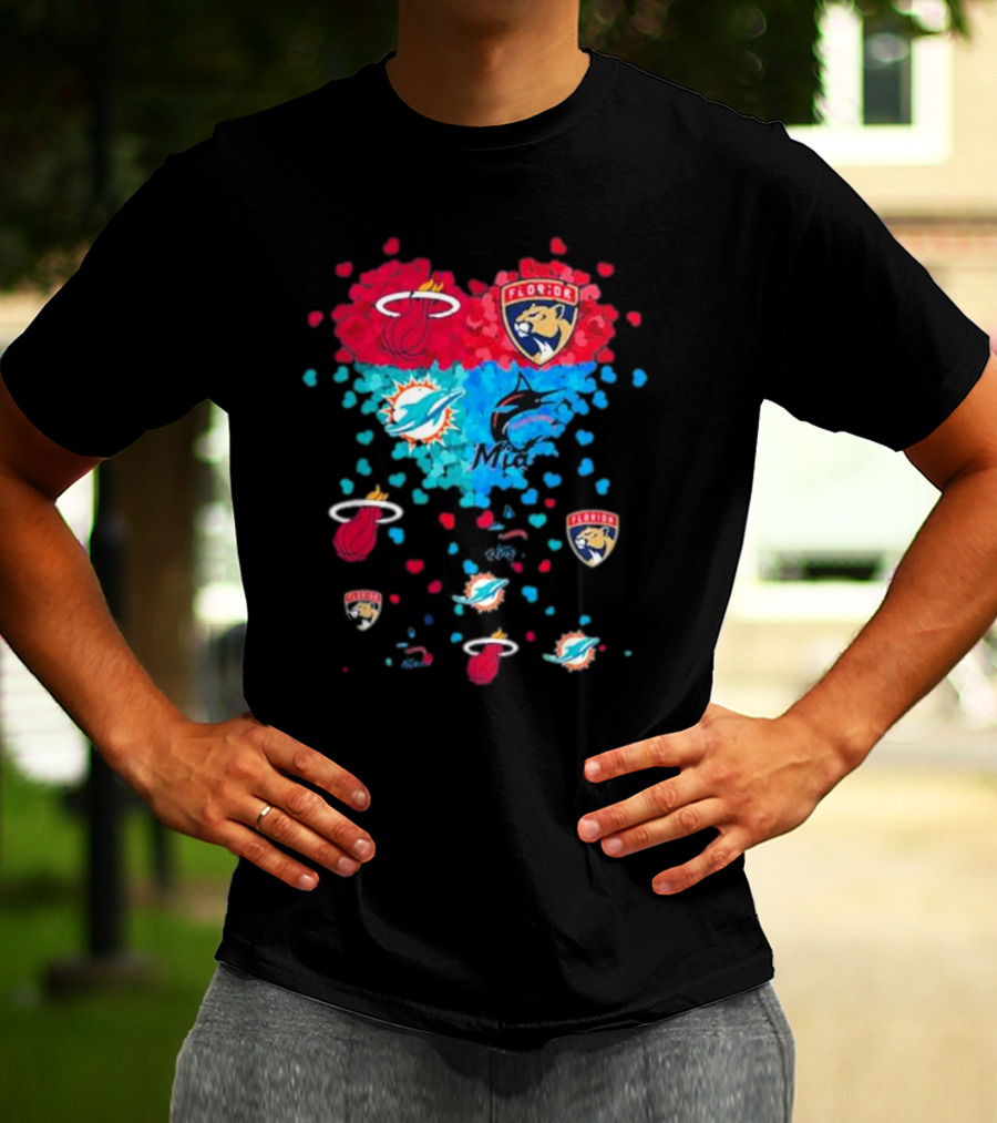 Miami Dolphins Miami Heat Florida Panthers Mashup Hearts T-Shirt