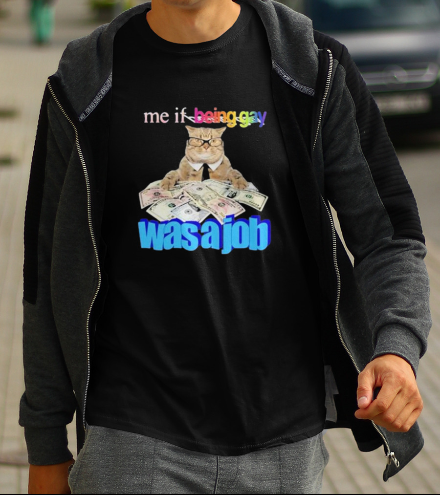 Cat With Money And Rainbow Text Me If Being Gay Was A Job T-Shirt