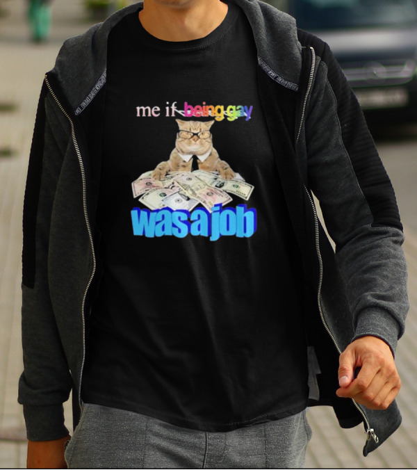 Cat With Money And Rainbow Text Me If Being Gay Was A Job T-Shirt