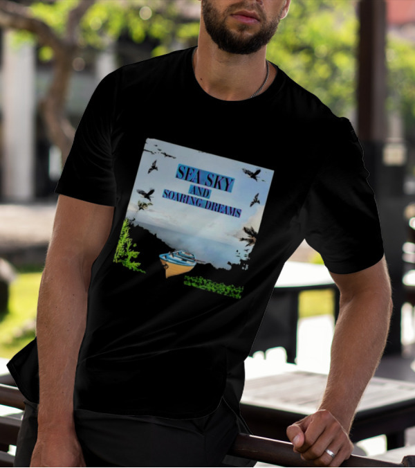 SEA SKY AND SOARING DREAMS WITH BIRDS AND BOAT IN NATURE SCENE T-Shirt