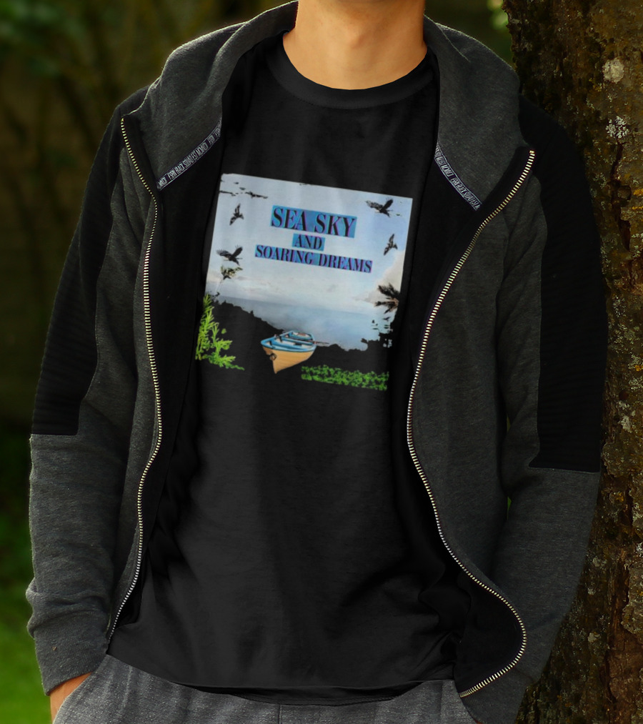 SEA SKY AND SOARING DREAMS WITH BIRDS AND BOAT IN NATURE SCENE T-Shirt