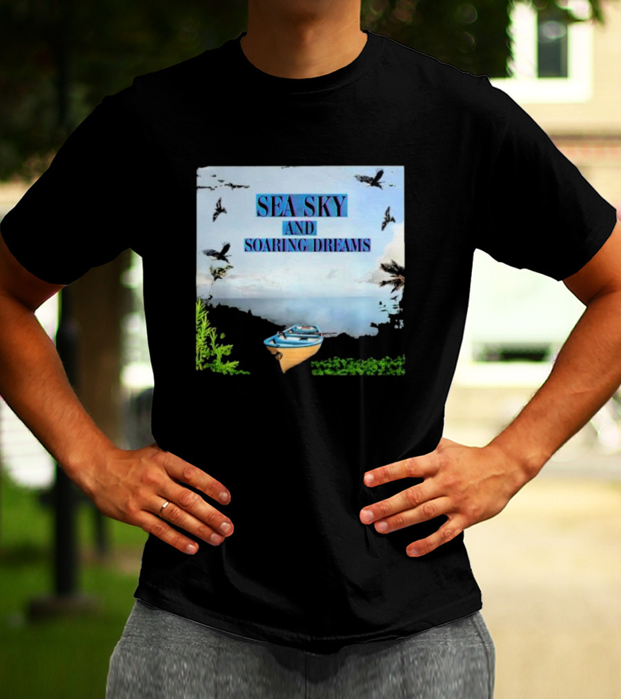 SEA SKY AND SOARING DREAMS WITH BIRDS AND BOAT IN NATURE SCENE T-Shirt