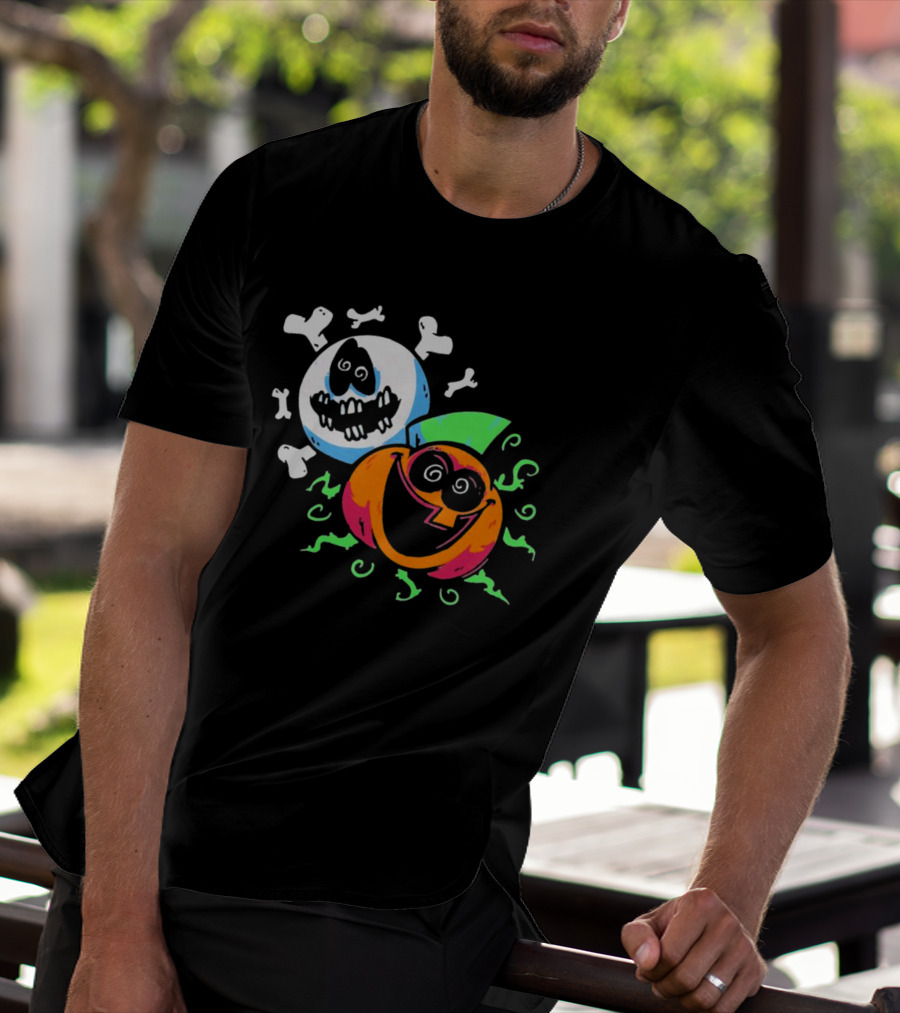 Spooky Month Colorful Cartoon Ghosts And Pumpkins With Bones T-Shirt