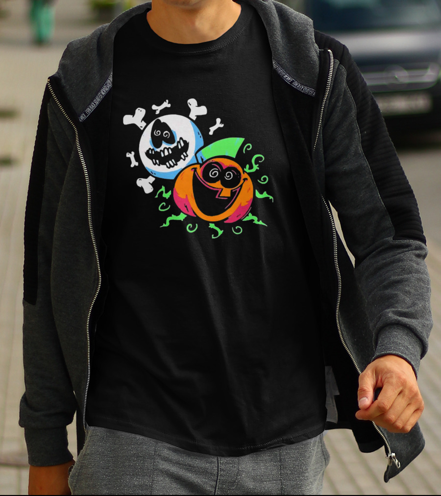 Spooky Month Colorful Cartoon Ghosts And Pumpkins With Bones T-Shirt