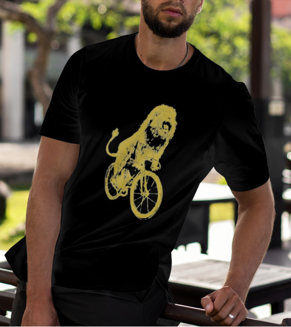 Lion Riding Bicycle Sketch Yellow T-Shirt