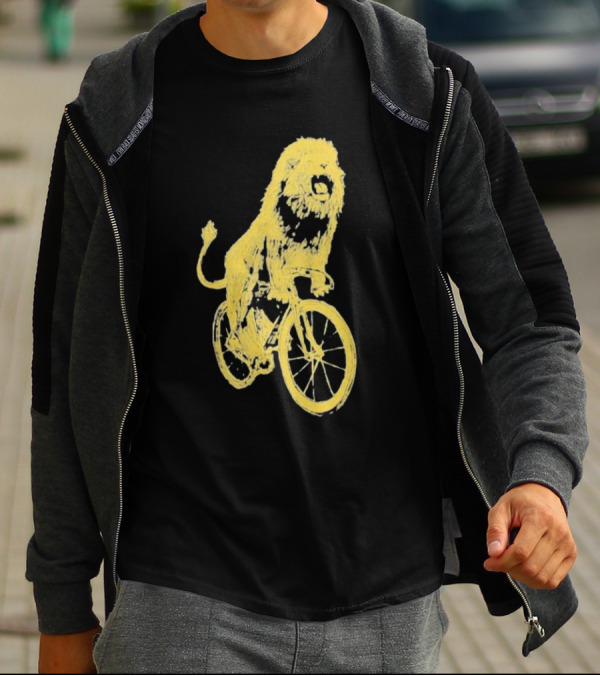 Lion Riding Bicycle Sketch Yellow T-Shirt
