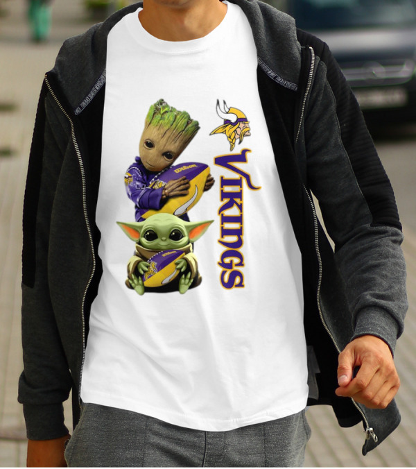 Baby Groot And Yoda Hugging Minnesota Vikings Football T-Shirt