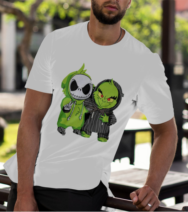 Baby Jack Skellington And Grinch In Green Hoodies T-Shirt