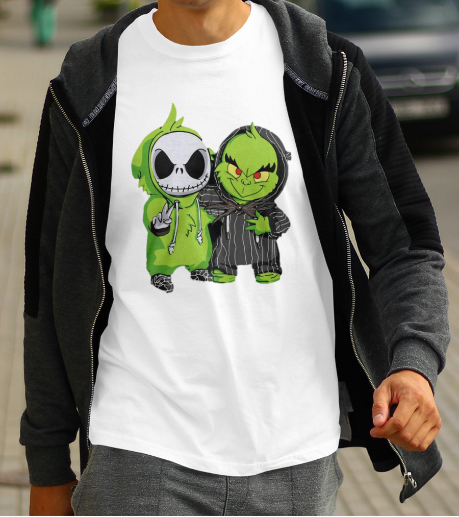 Baby Jack Skellington And Grinch In Green Hoodies T-Shirt
