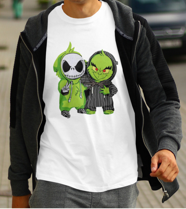 Baby Jack Skellington And Grinch In Green Hoodies T-Shirt