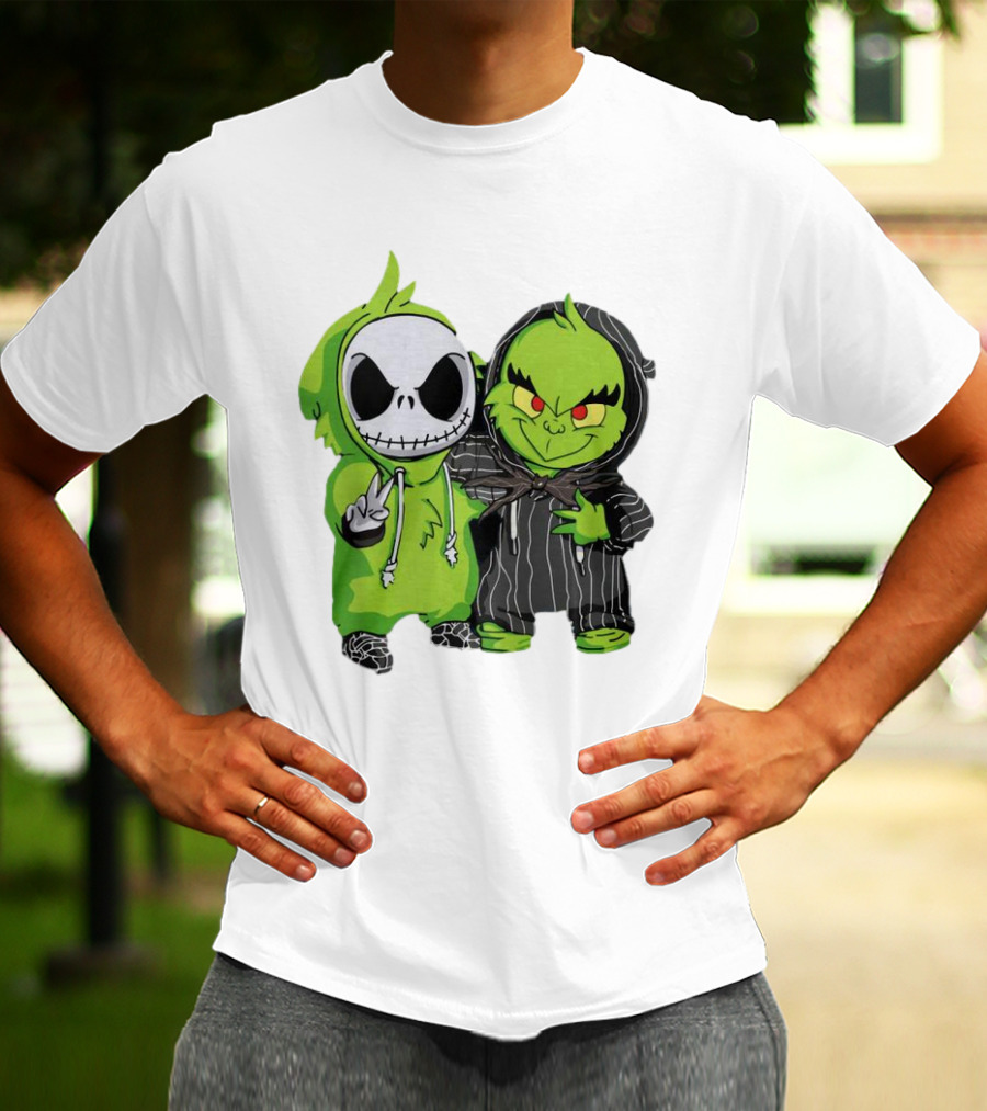 Baby Jack Skellington And Grinch In Green Hoodies T-Shirt