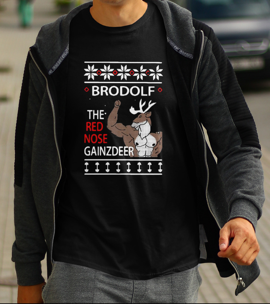 Brodolf The Red Nose Muscle Gainz Deer Christmas T-Shirt