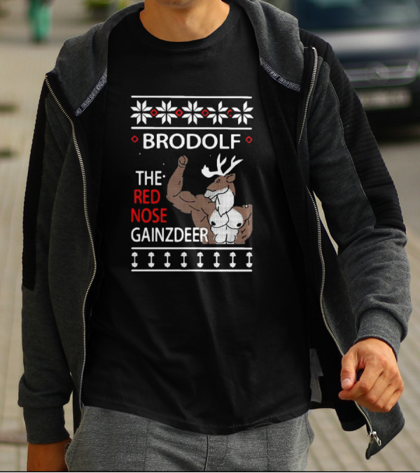 Brodolf The Red Nose Muscle Gainz Deer Christmas T-Shirt