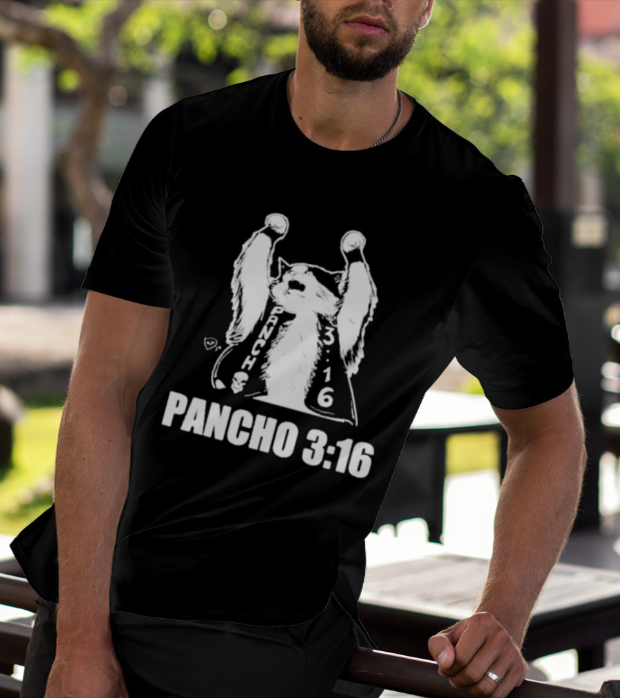 Pancho 3:16 Cat Illustration With Skull Motif And Raised Paws T-Shirt