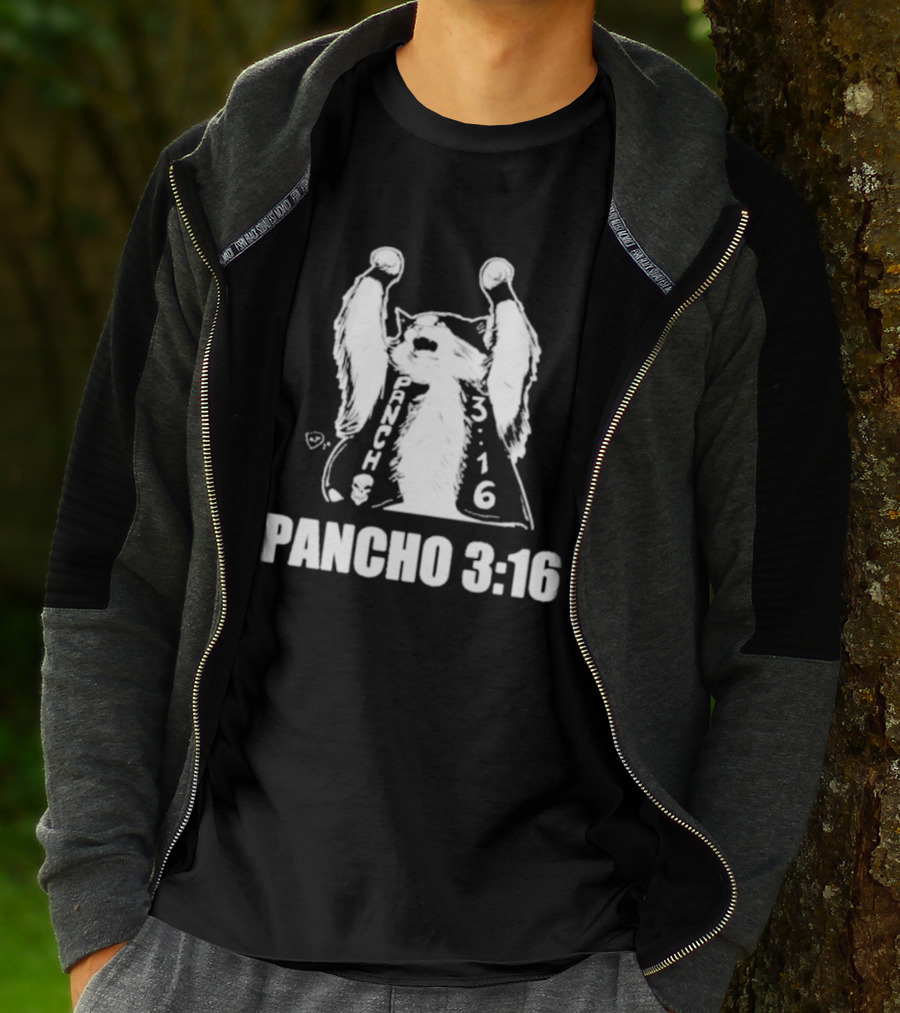 Pancho 3:16 Cat Illustration With Skull Motif And Raised Paws T-Shirt