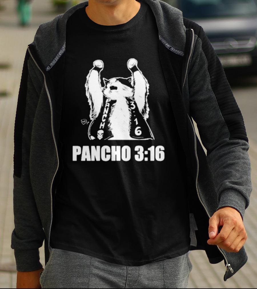 Pancho 3:16 Cat Illustration With Skull Motif And Raised Paws T-Shirt