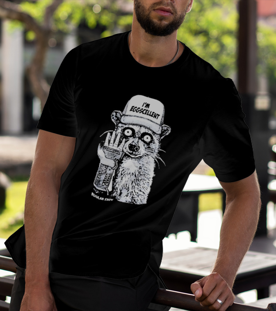 I'm Eggscellent Rigby Regular Show Raccoon Wearing Hat With Cybernetic Arm T-Shirt