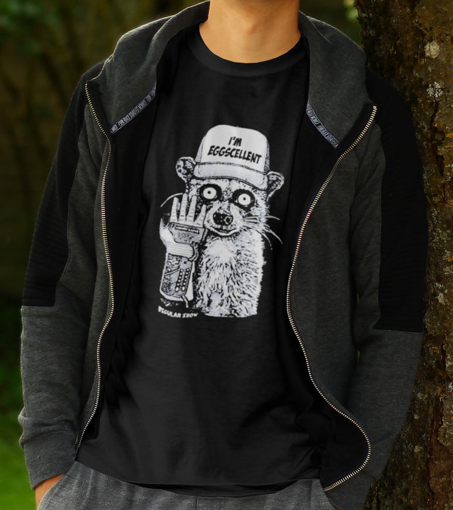I'm Eggscellent Rigby Regular Show Raccoon Wearing Hat With Cybernetic Arm T-Shirt