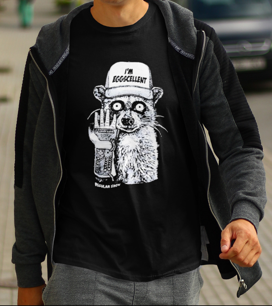 I'm Eggscellent Rigby Regular Show Raccoon Wearing Hat With Cybernetic Arm T-Shirt