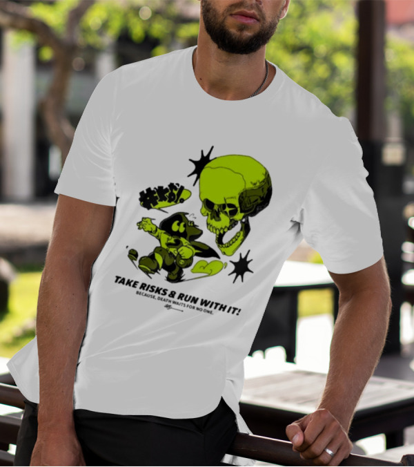 Take Risks Run With It Cartoon Character Facing Neon Skull Because Death Waits For No One T-Shirt
