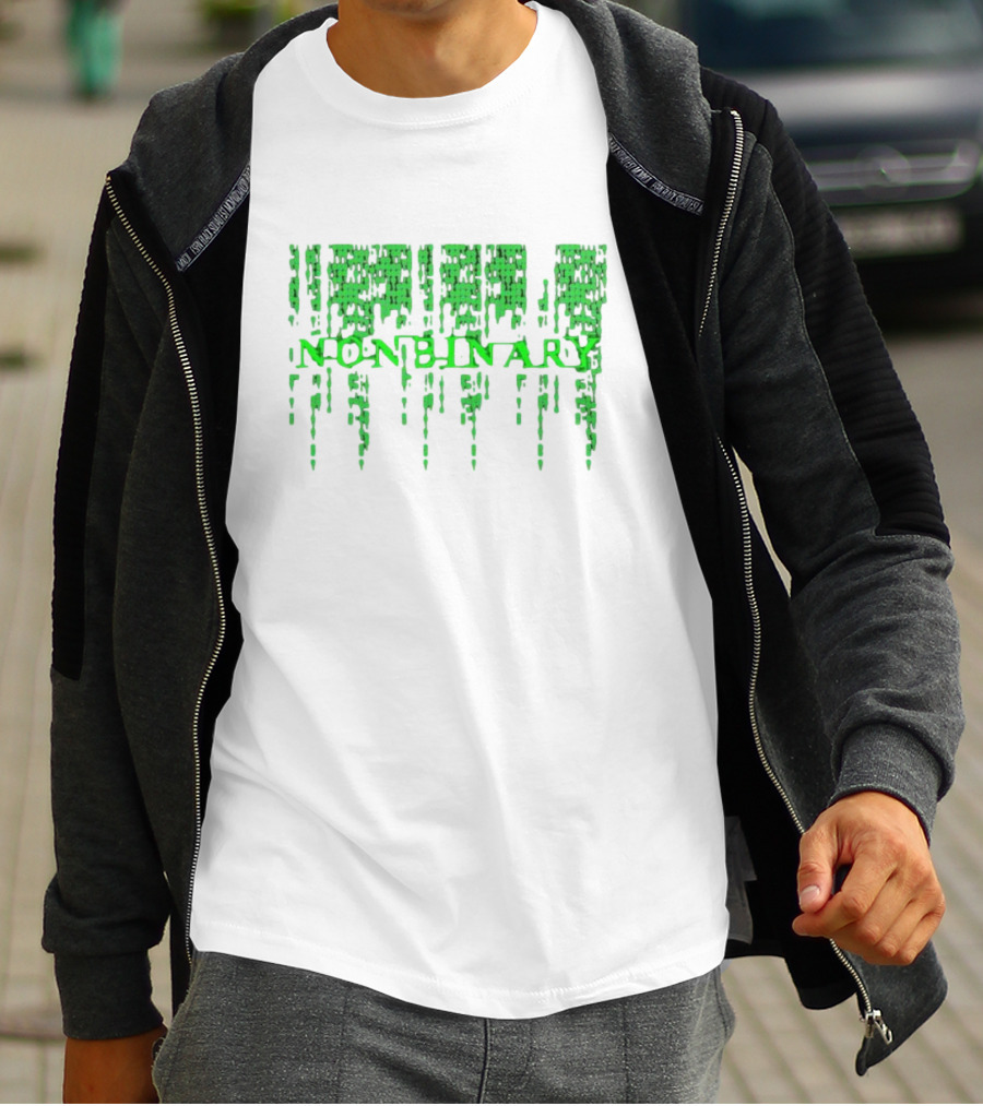 Non Binary Code Matrix-Inspired Green Text T-Shirt