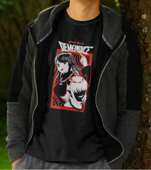 DEMONDICE Anime Style Red And White Character Design Chains T-Shirt