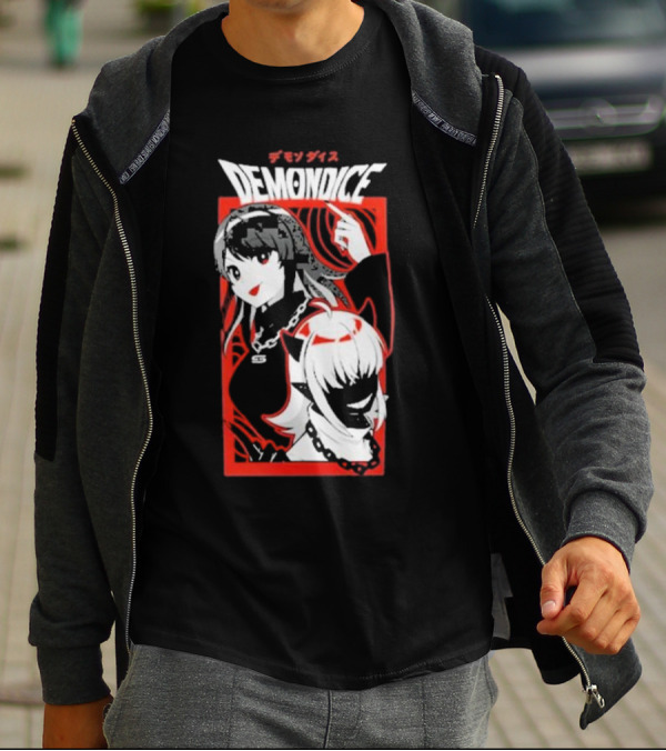 DEMONDICE Anime Style Red And White Character Design Chains T-Shirt