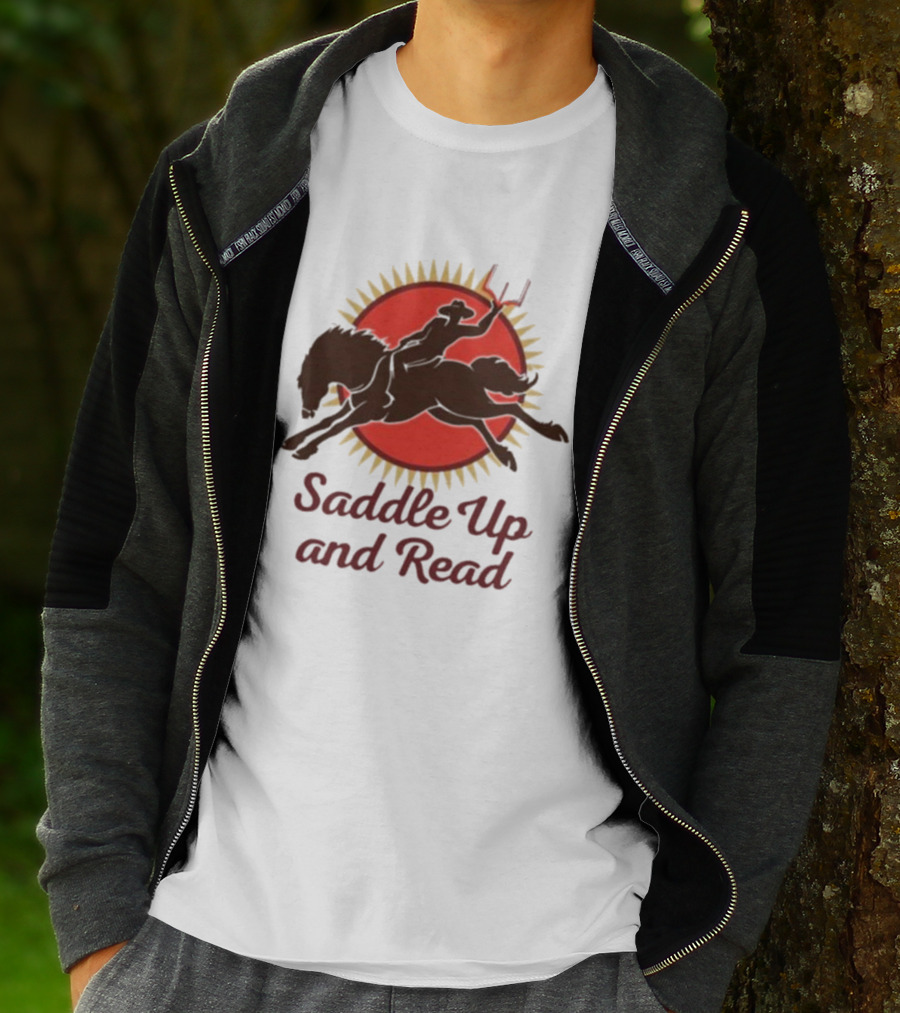 Saddle Up And Read Horseback Silhouette Against Sunburst T-Shirt