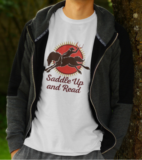 Saddle Up And Read Horseback Silhouette Against Sunburst T-Shirt