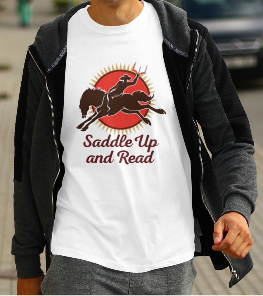 Saddle Up And Read Horseback Silhouette Against Sunburst T-Shirt