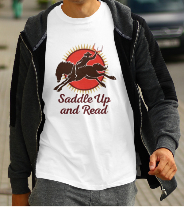 Saddle Up And Read Horseback Silhouette Against Sunburst T-Shirt