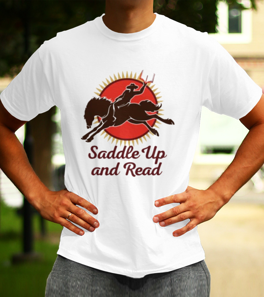 Saddle Up And Read Horseback Silhouette Against Sunburst T-Shirt